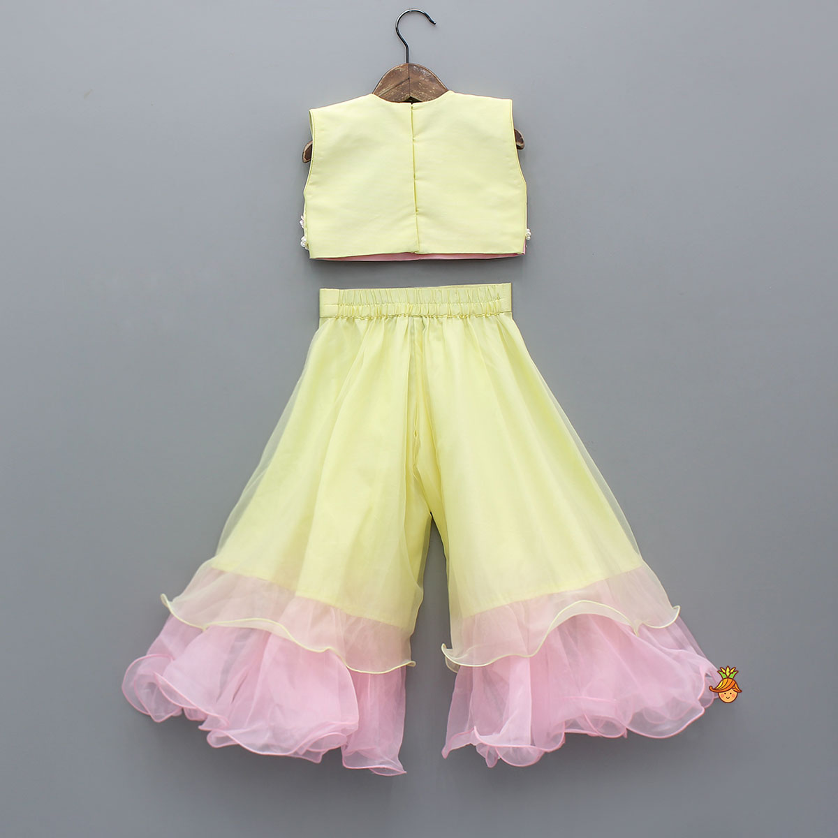 Pre Order: Scallop Designed Top And Ruffle Hem Palazzo With Floral Sling Bag