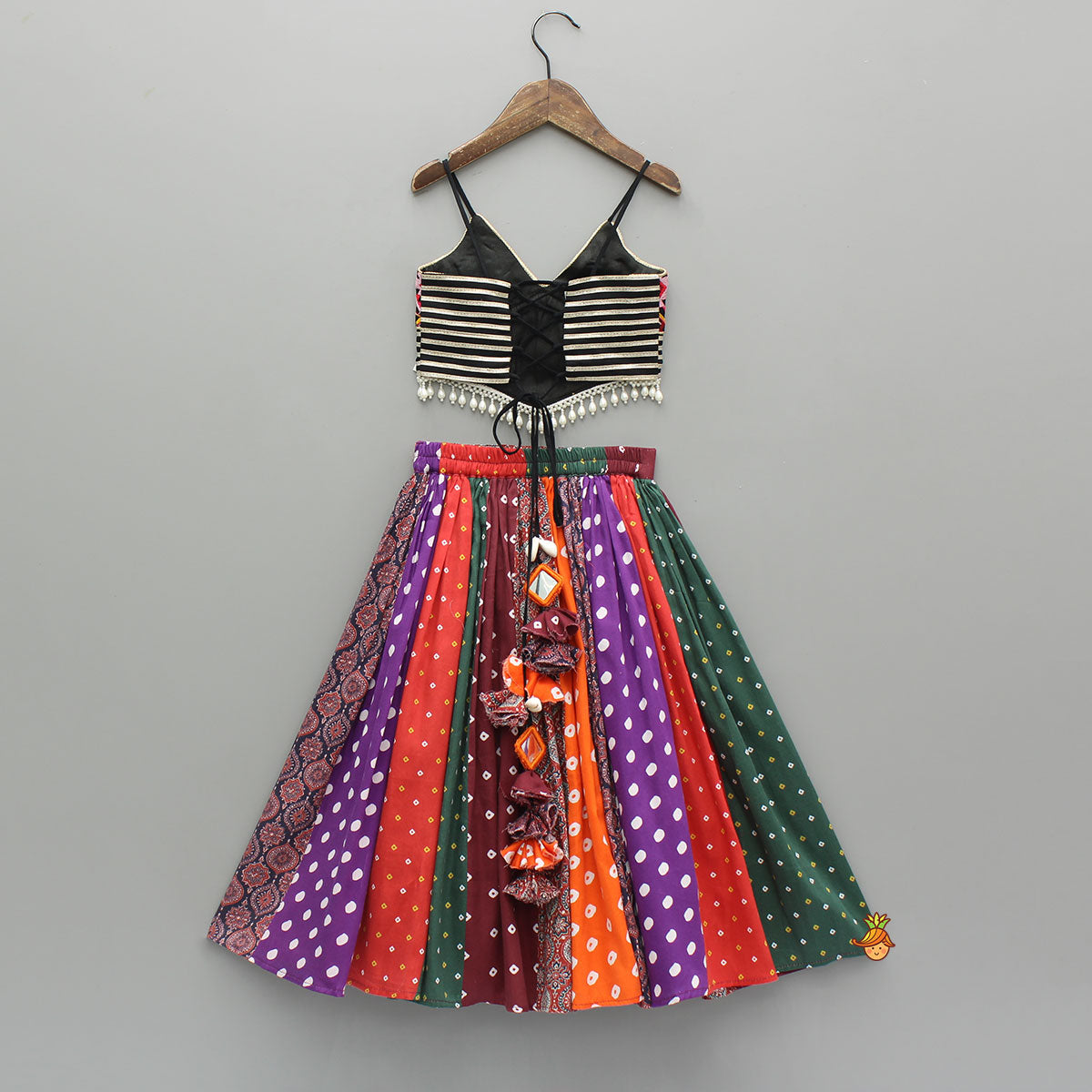 Pre Order: Strappy Mirror Embroidered Multicolour Top With Lehenga And Bandana With Potli Bag