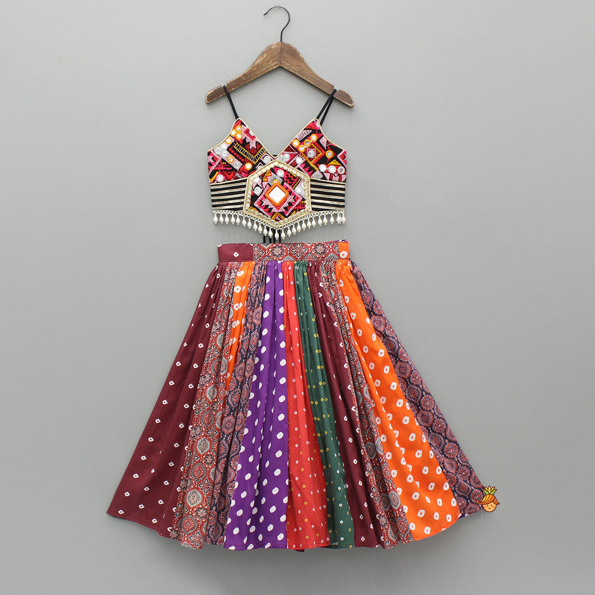 Pre Order: Strappy Mirror Embroidered Multicolour Top With Lehenga And Bandana With Potli Bag