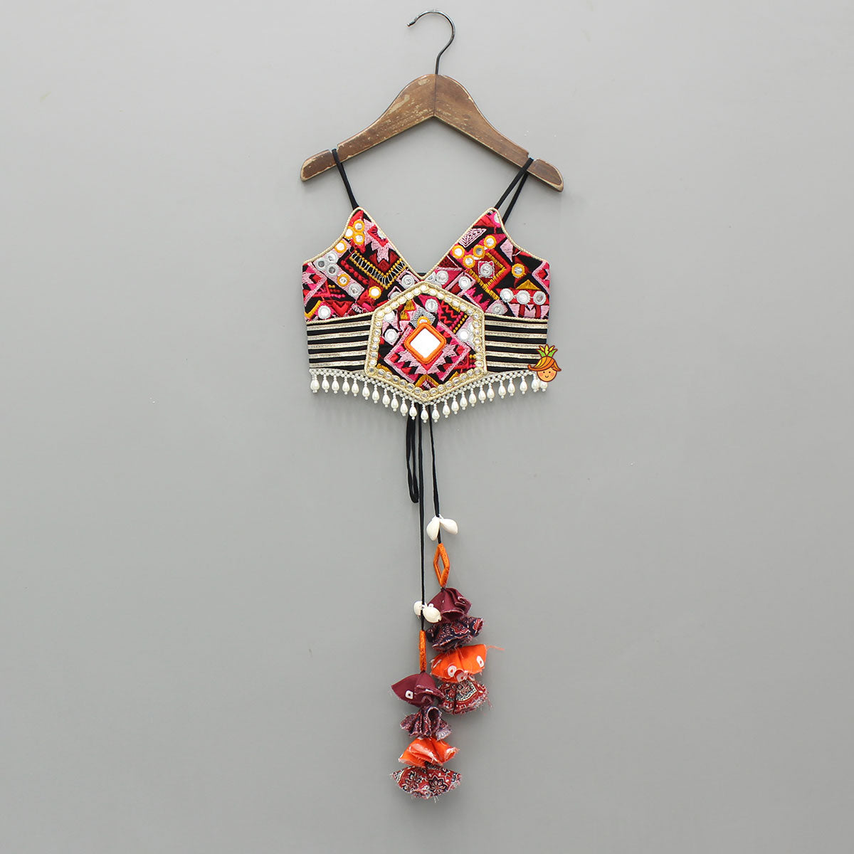 Pre Order: Strappy Mirror Embroidered Multicolour Top With Lehenga And Bandana With Potli Bag