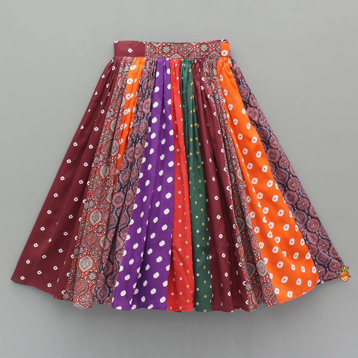 Pre Order: Strappy Mirror Embroidered Multicolour Top With Lehenga And Bandana With Potli Bag