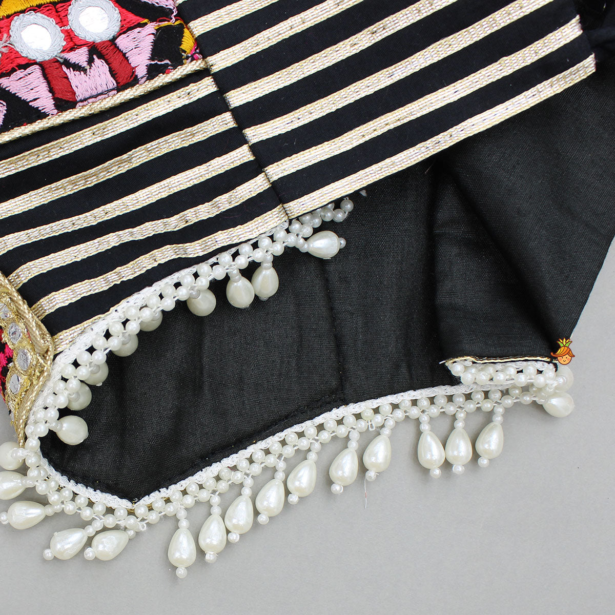 Pre Order: Strappy Mirror Embroidered Multicolour Top With Lehenga And Bandana With Potli Bag