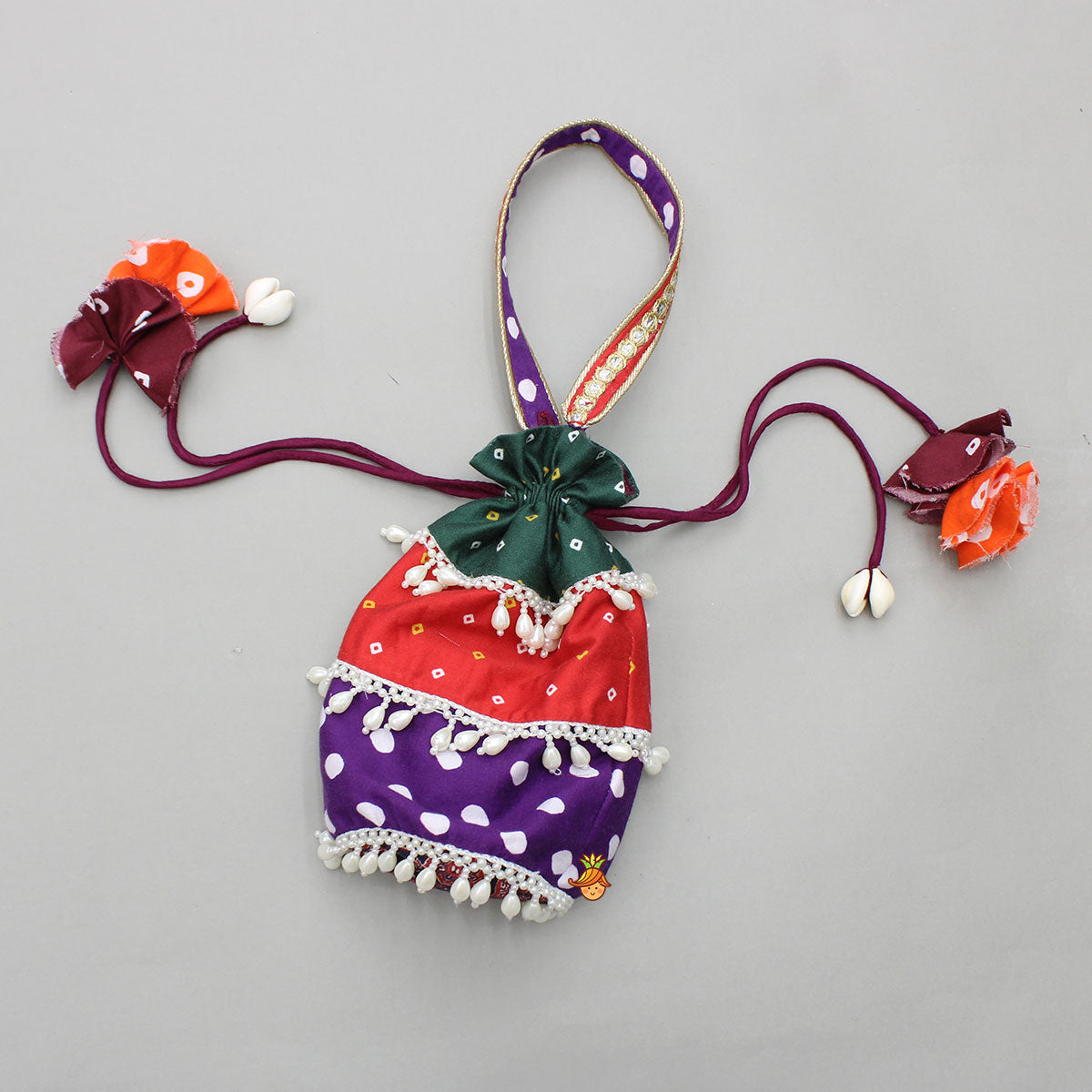 Pre Order: Strappy Mirror Embroidered Multicolour Top With Lehenga And Bandana With Potli Bag