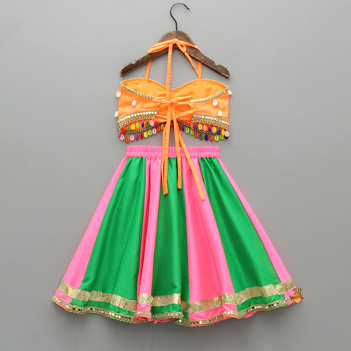 Pre Order: Stunning Shell Embellished Crop Top With Neon Lehenga And Dupatta