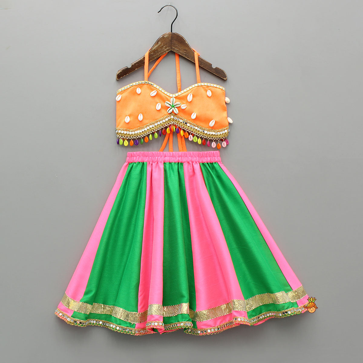 Pre Order: Stunning Shell Embellished Crop Top With Neon Lehenga And Dupatta