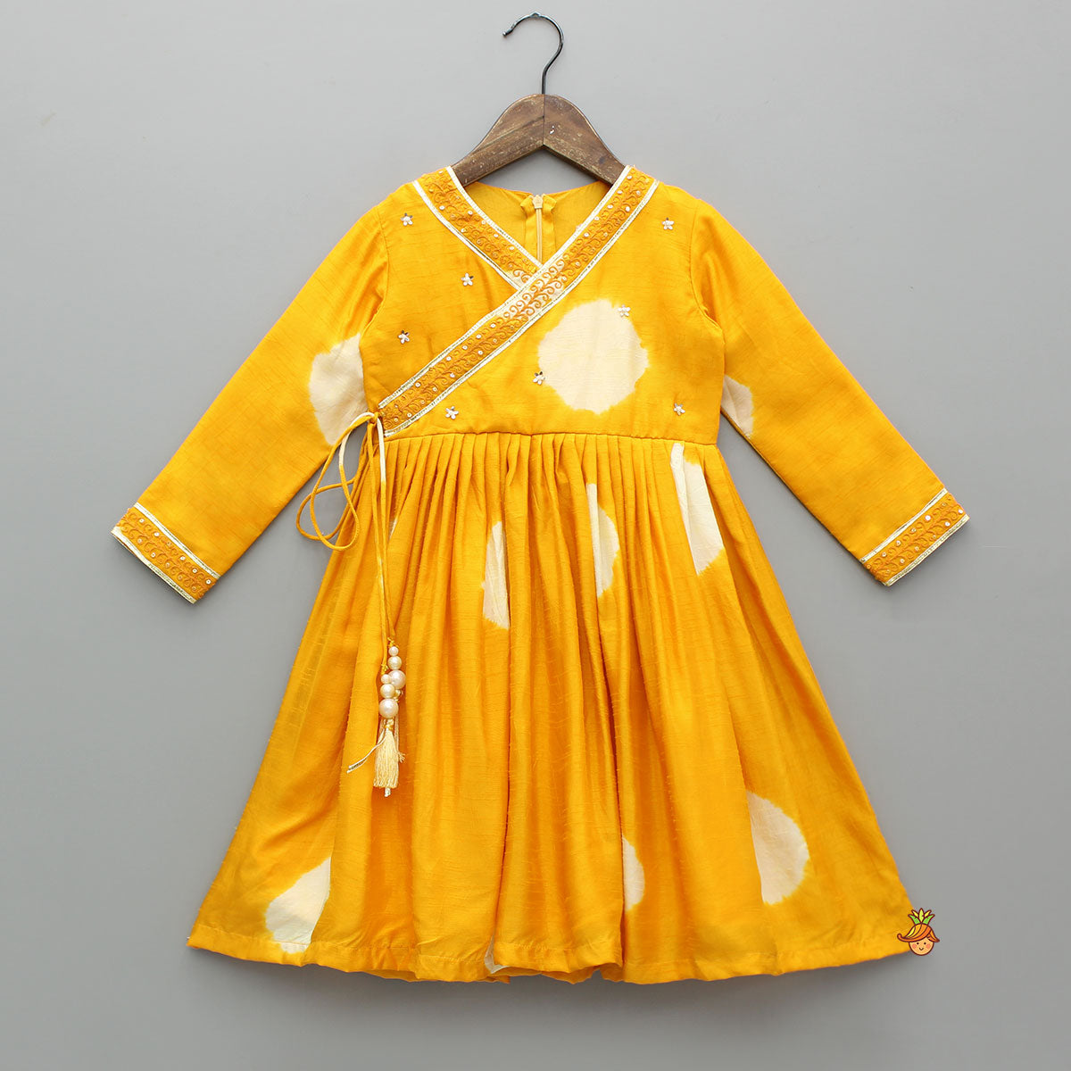 Pre Order: Yellow Angarkha Style Lace Detailed Anarkali With Dupatta