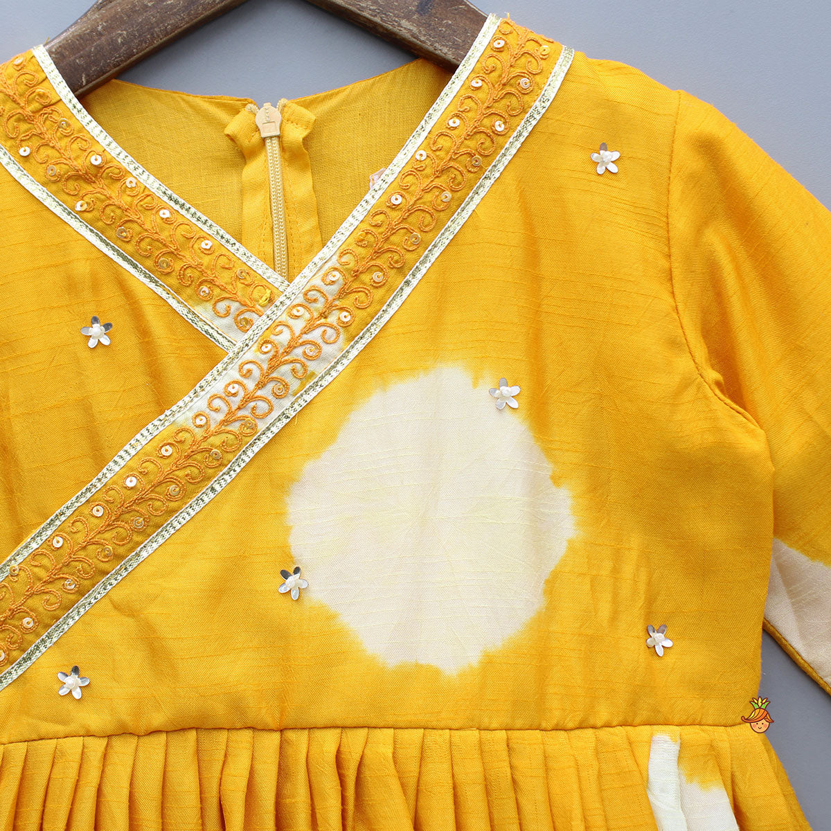 Pre Order: Yellow Angarkha Style Lace Detailed Anarkali With Dupatta