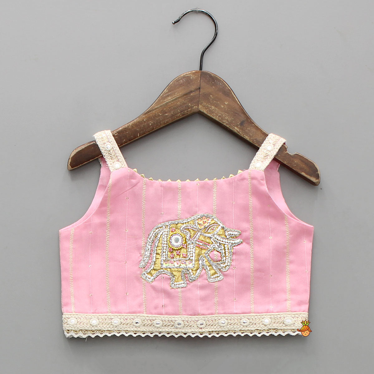 Pre Order: Strappy Elephant Embroidered Top With Dual Toned Lehenga