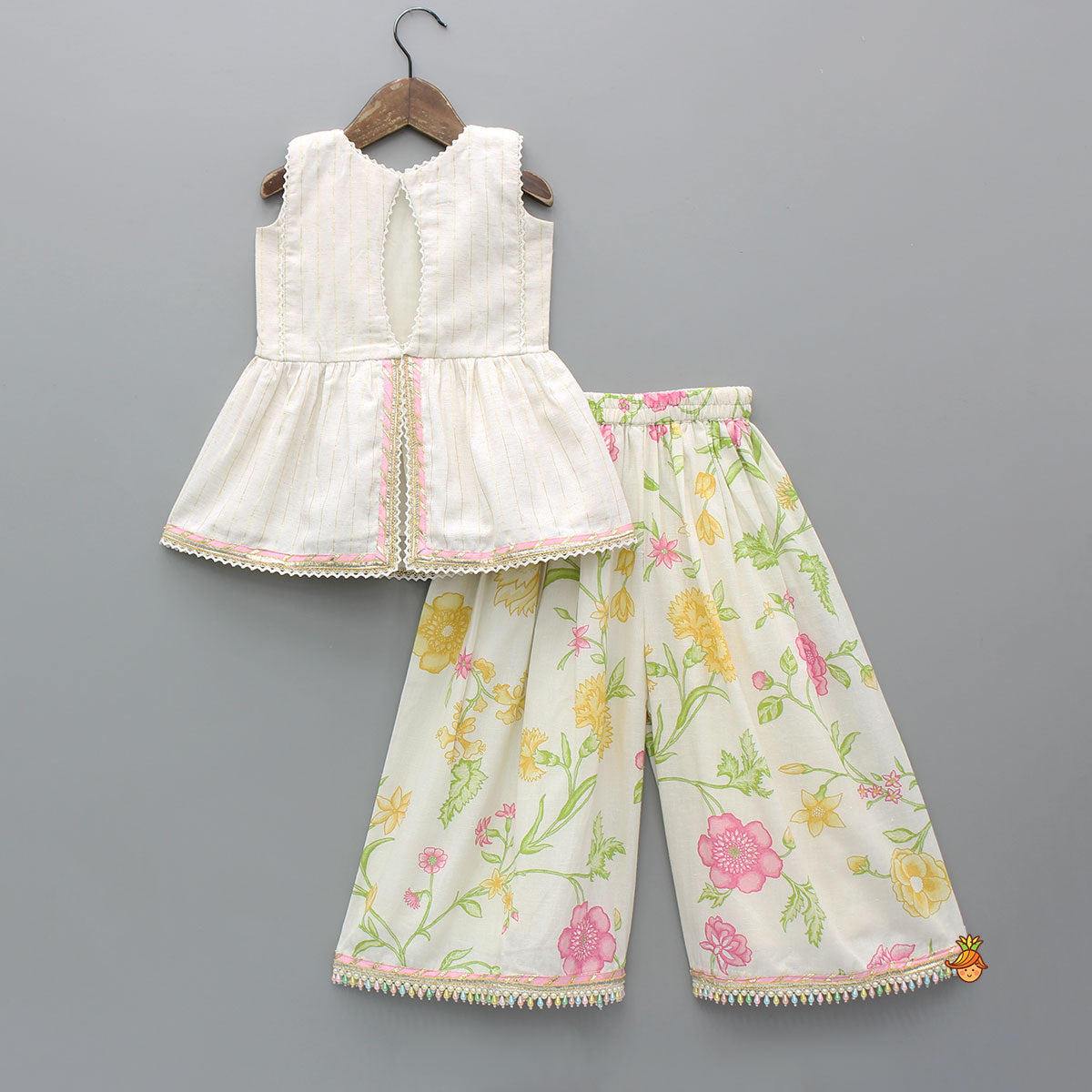 Pre Order: Multicolour Embroidered Peplum Kurti With Floral Printed Culotte