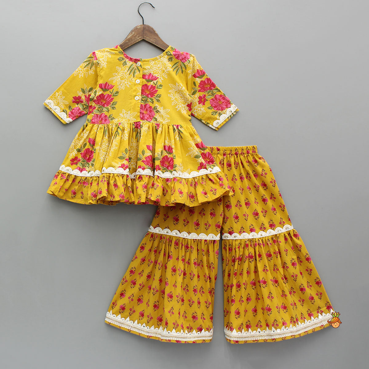 Pre Order: Multicolour Floral Printed Cotton Kurti With Sharara And Dupatta