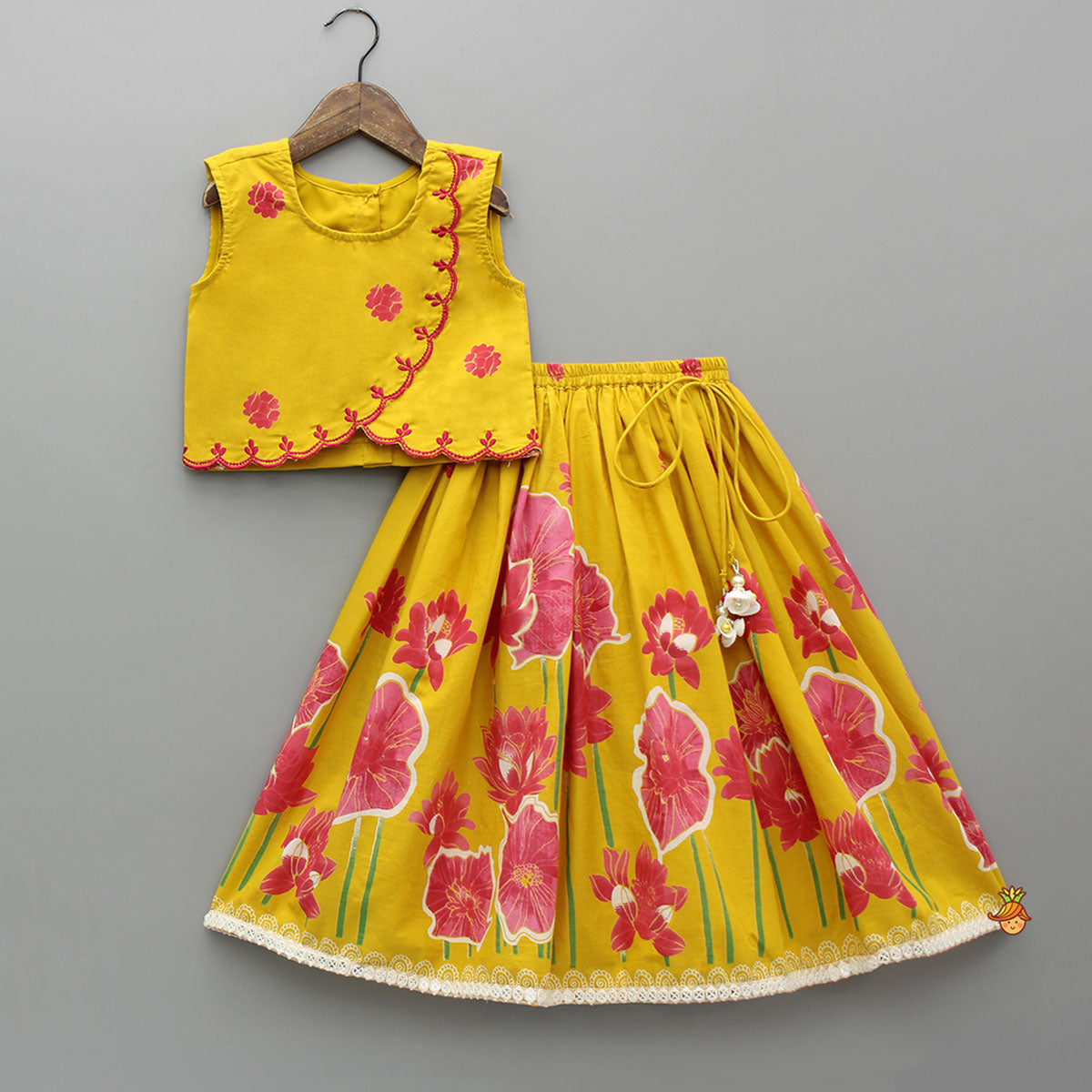 Pre Order: Scallop Detailed Floral Top With Floral Printed Lehenga