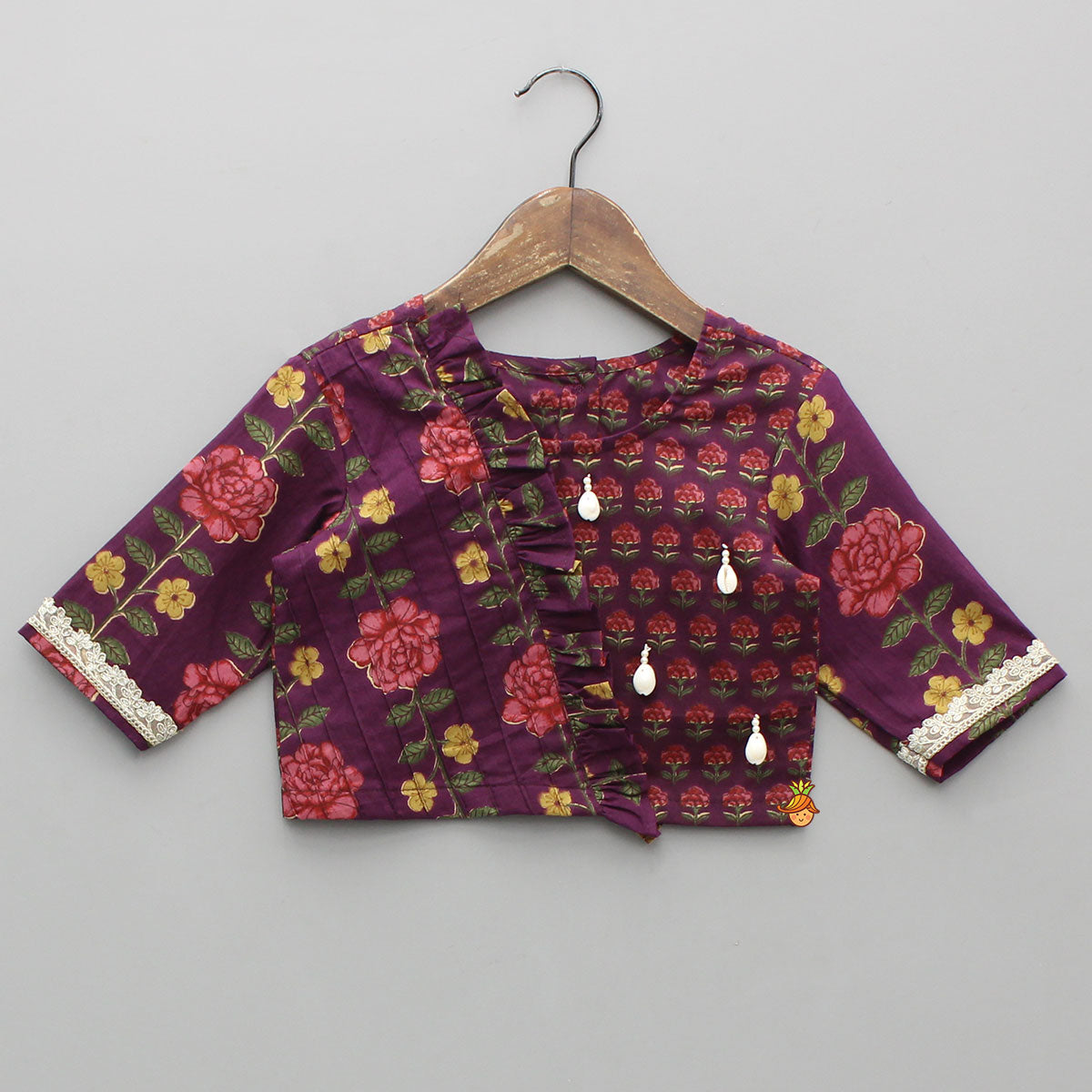 Pre Order: Floral Printed Pin Tuck Detailed Purple Top With Matching Lehenga