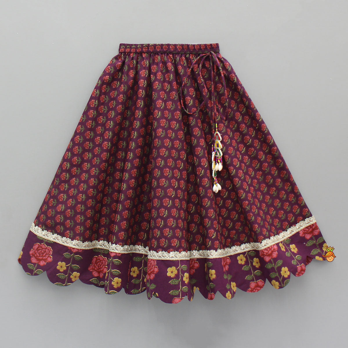 Pre Order: Floral Printed Pin Tuck Detailed Purple Top With Matching Lehenga