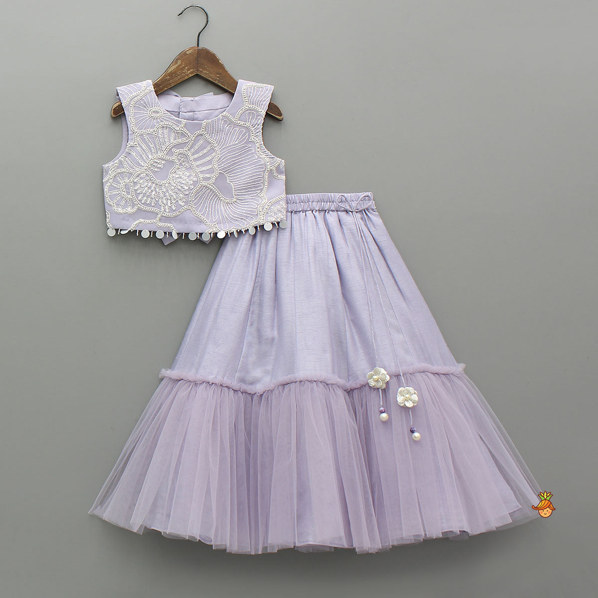Pre Order: Lavender Bow Adorned Sleeveless Embroidered Top With Lehenga