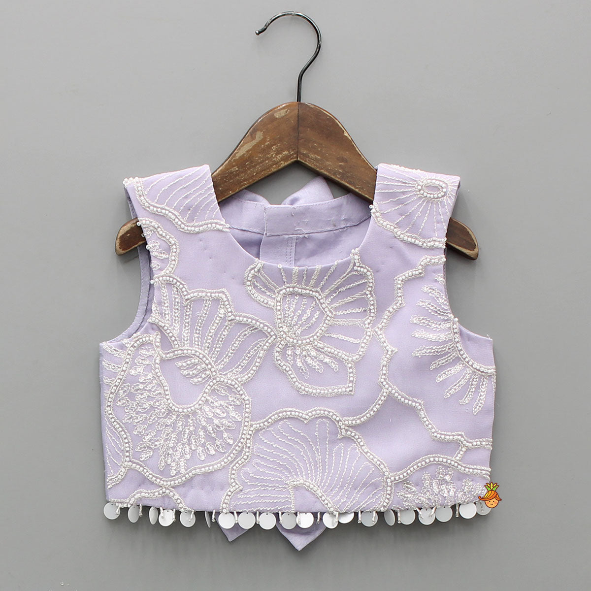 Pre Order: Lavender Bow Adorned Sleeveless Embroidered Top With Lehenga