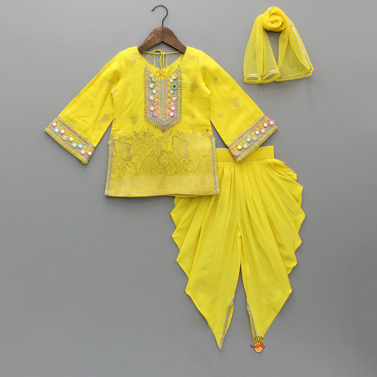 Pre Order: Faux Mirror Embellished Stylish Kurti With Dhoti And Dupatta