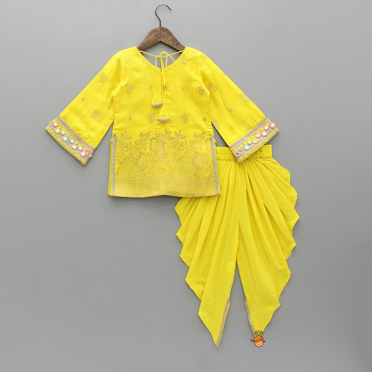 Pre Order: Faux Mirror Embellished Stylish Kurti With Dhoti And Dupatta