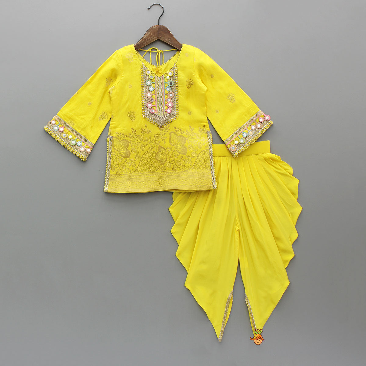 Pre Order: Faux Mirror Embellished Stylish Kurti With Dhoti And Dupatta