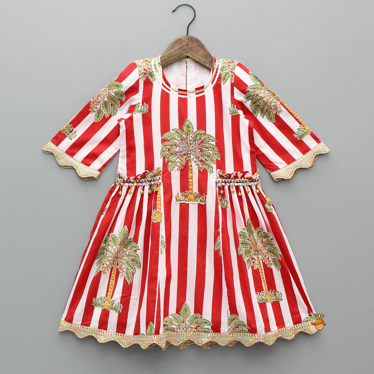 Pre Order: Red Striped Printed Embellished Kurti With Palazzo