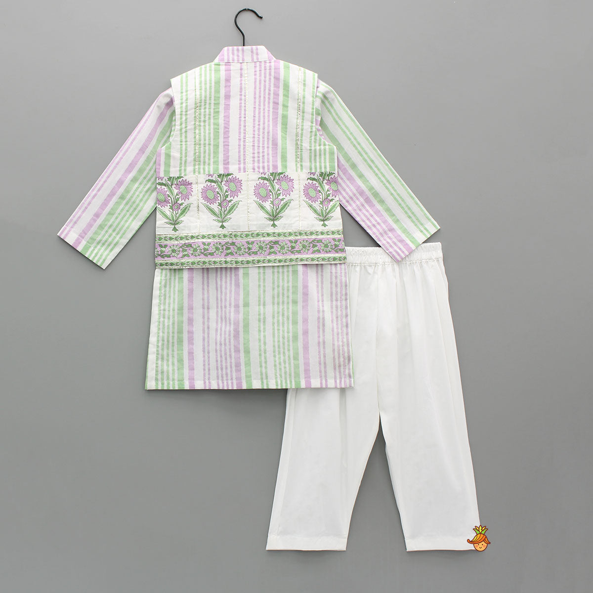 Pre Order: Stripes Printed Kurta With Floral Printed Jacket And Pyjama