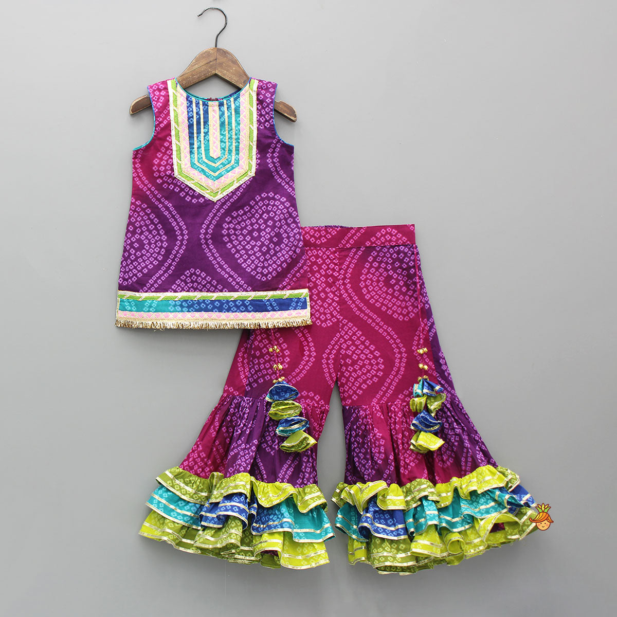 Pre Order: Bandhani Printed Lace Detailed Kurti With Sharara And Dupatta