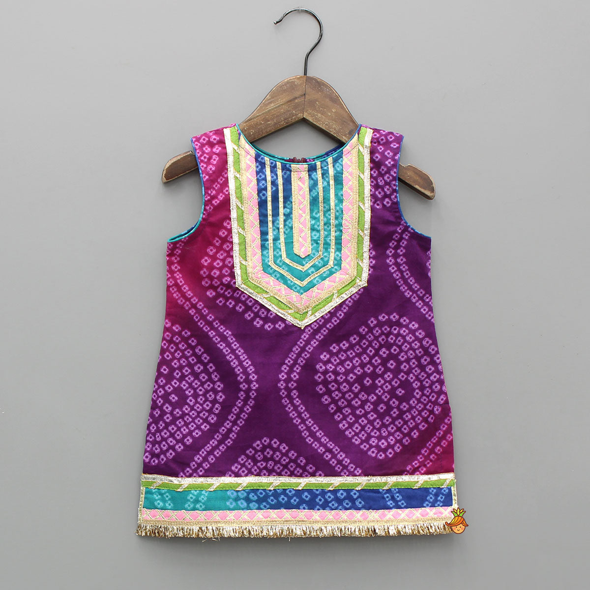 Pre Order: Bandhani Printed Lace Detailed Kurti With Sharara And Dupatta
