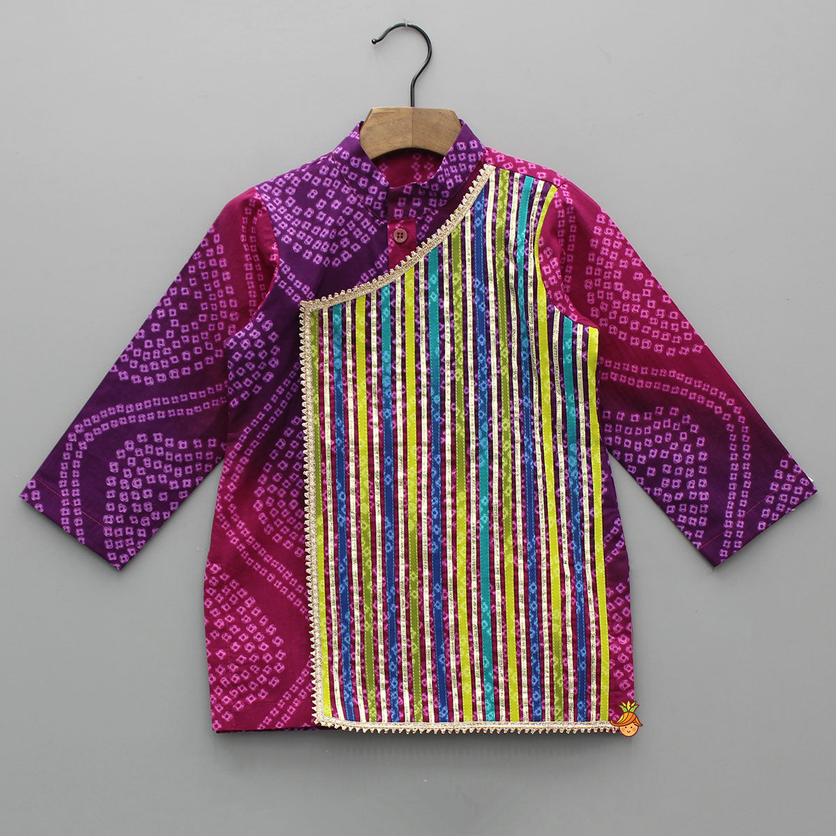Pre Order: Multicolour Lace Work Flap Detailed Bandhani Printed Kurta With Pyjama