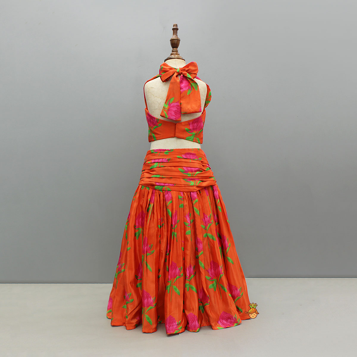 Pre Order: Stylish Drape-Detail Floral Printed Top And Lehenga