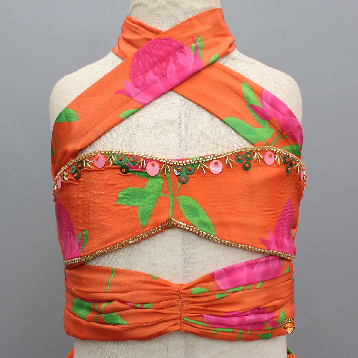 Pre Order: Stylish Drape-Detail Floral Printed Top And Lehenga
