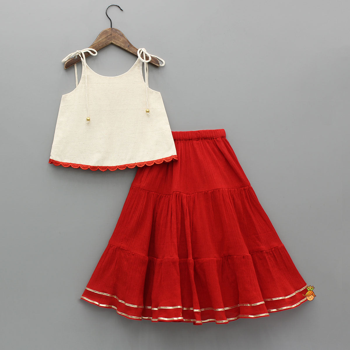Pre Order: Tie Up Strappy Embroidered Top With Tiered Lehenga