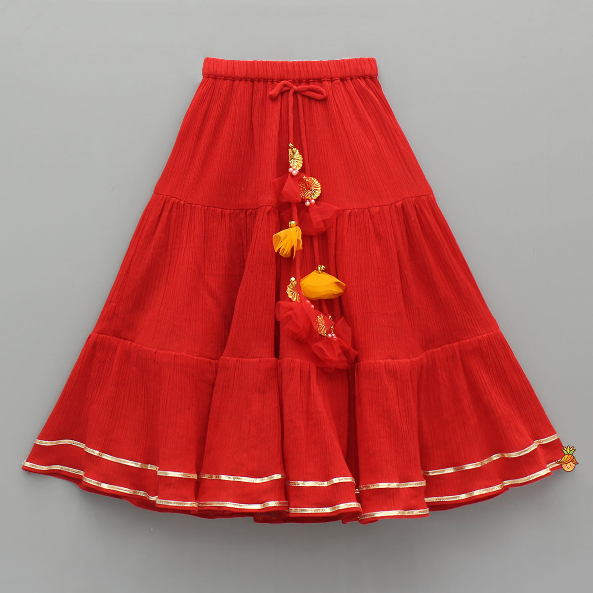 Pre Order: Tie Up Strappy Embroidered Top With Tiered Lehenga