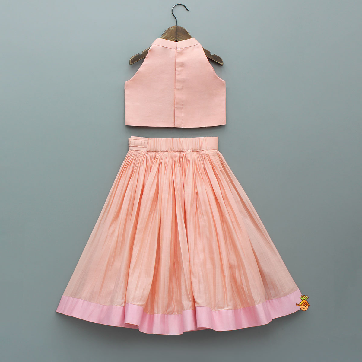 Pre Order: Halter Neck Floral Embroidered Peach Top With Pleat Detailed Lehenga