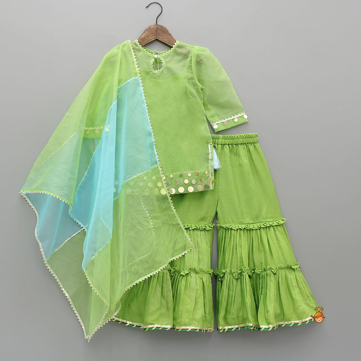 Pre Order: Ethnic Strappy Top With Embellished Kurti And Ruffled Sharara With Dupatta