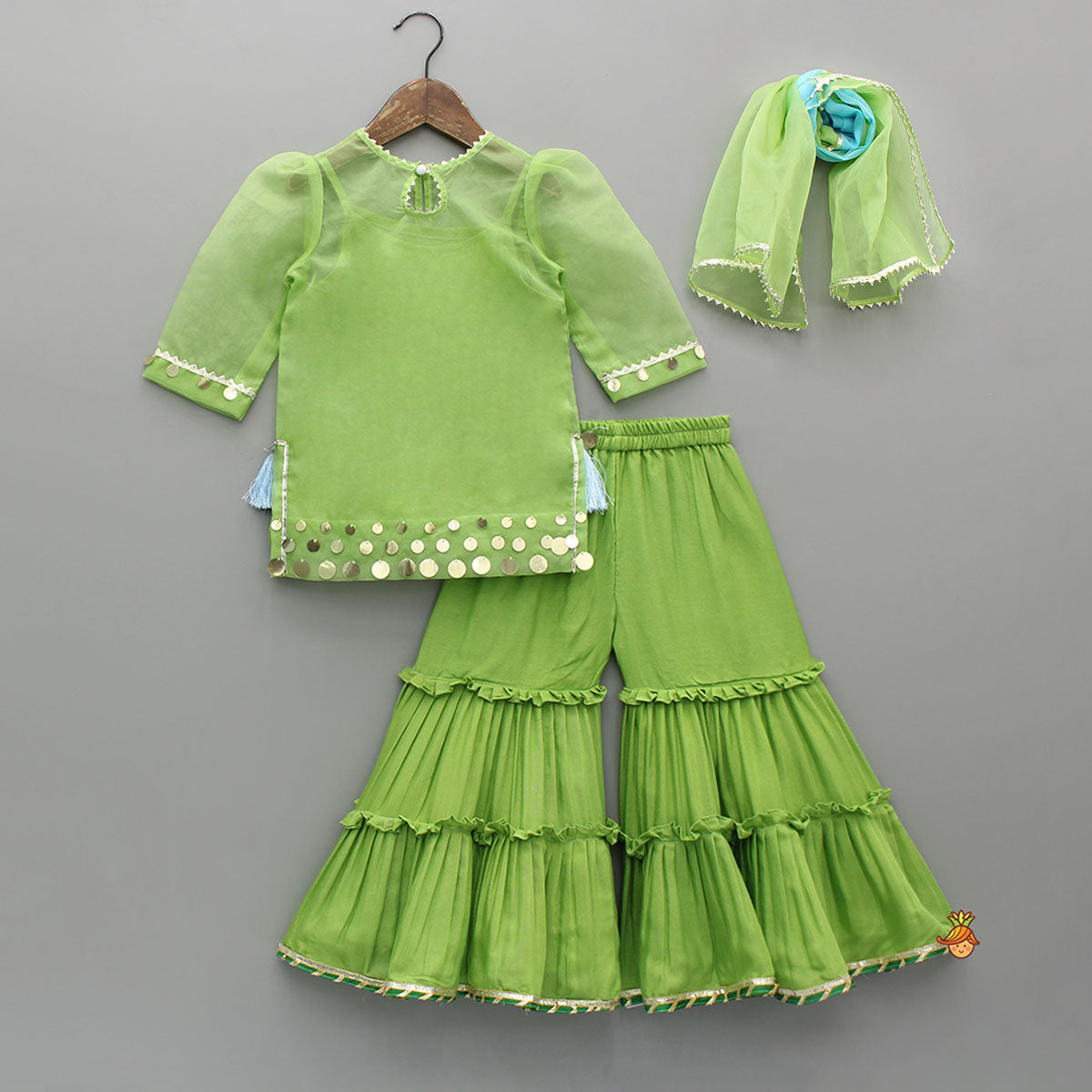 Pre Order: Ethnic Strappy Top With Embellished Kurti And Ruffled Sharara With Dupatta