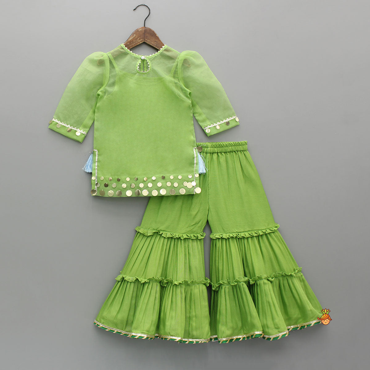 Pre Order: Ethnic Strappy Top With Embellished Kurti And Ruffled Sharara With Dupatta