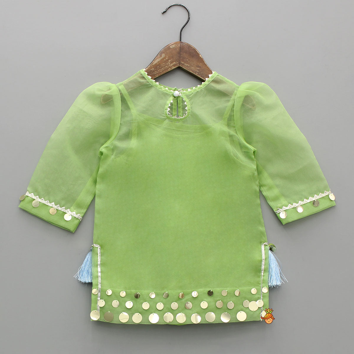 Pre Order: Ethnic Strappy Top With Embellished Kurti And Ruffled Sharara With Dupatta