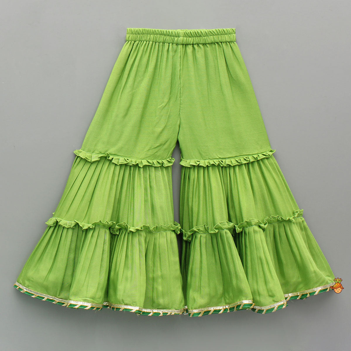 Pre Order: Ethnic Strappy Top With Embellished Kurti And Ruffled Sharara With Dupatta