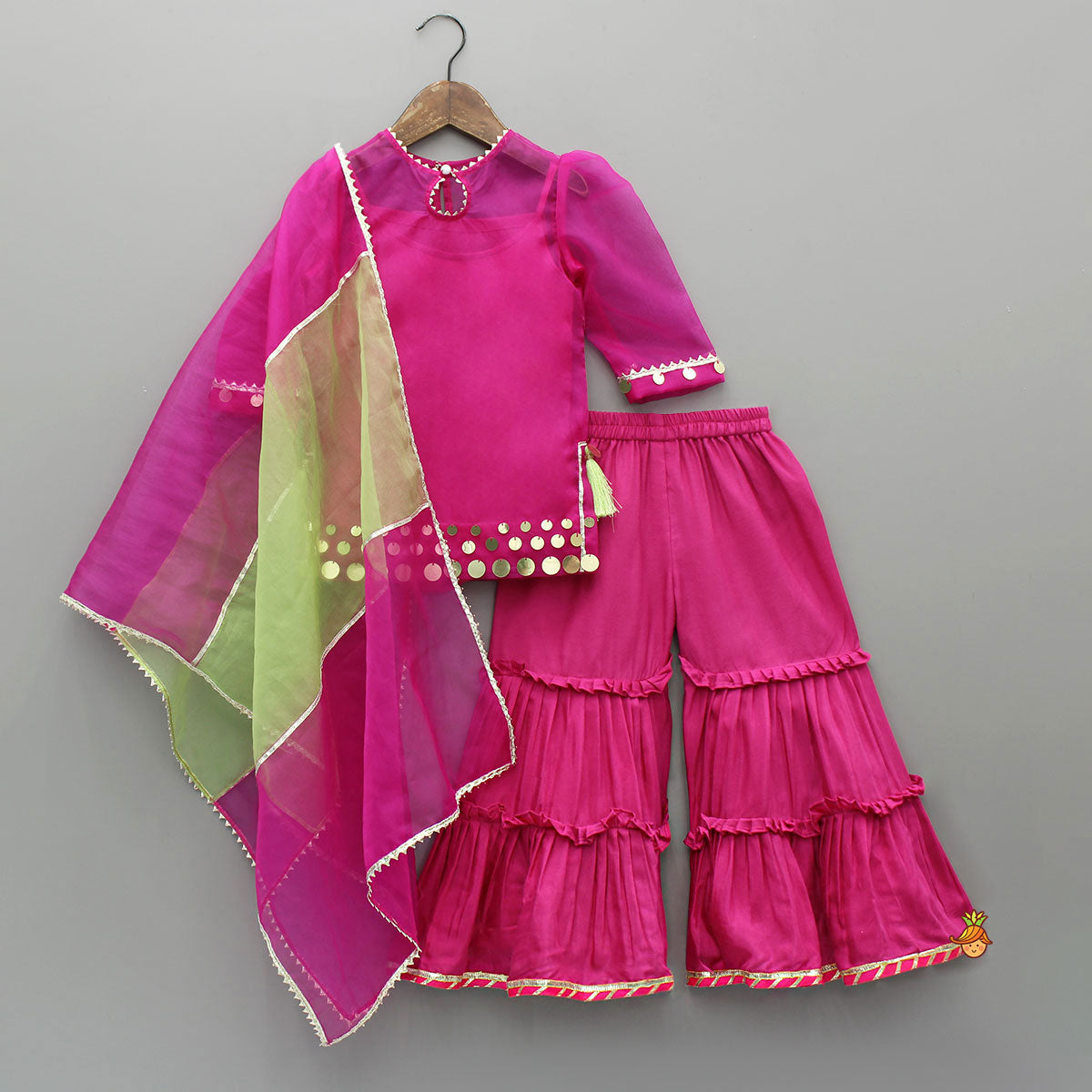 Pre Order: Elegant Strappy Top With Embellished Pink Kurti And Ruffled Sharara With Dupatta
