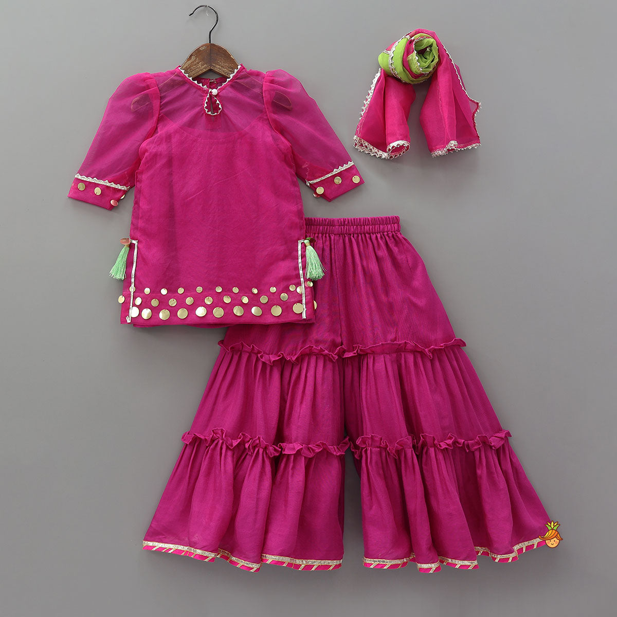 Pre Order: Elegant Strappy Top With Kurti And Ruffled Sharara With Dupatta