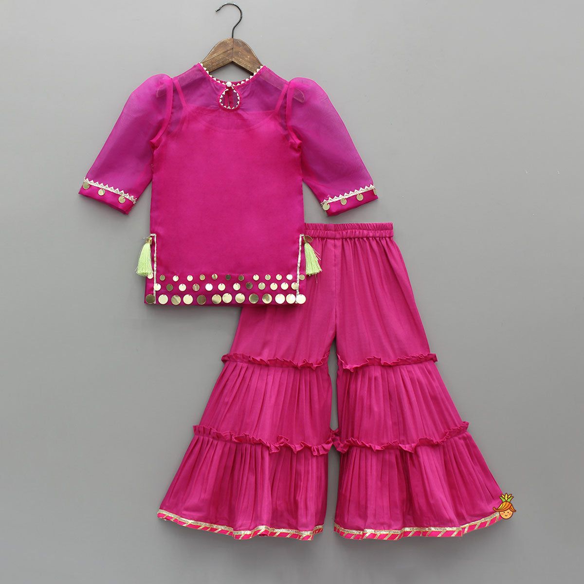 Pre Order: Elegant Strappy Top With Embellished Pink Kurti And Ruffled Sharara With Dupatta