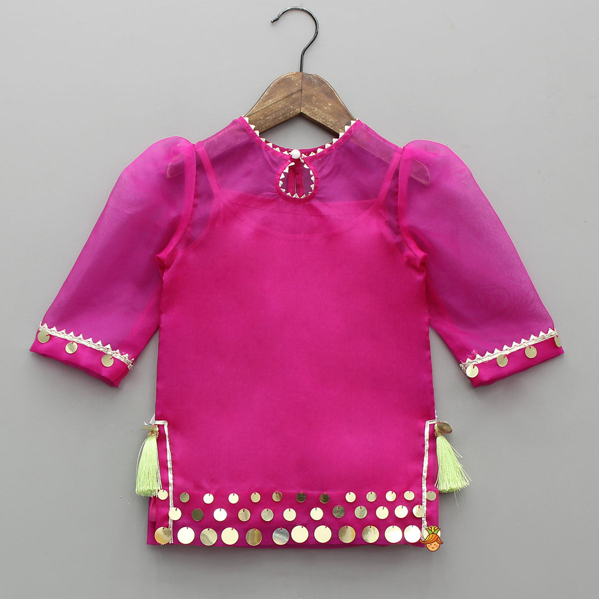 Pre Order: Elegant Strappy Top With Embellished Pink Kurti And Ruffled Sharara With Dupatta
