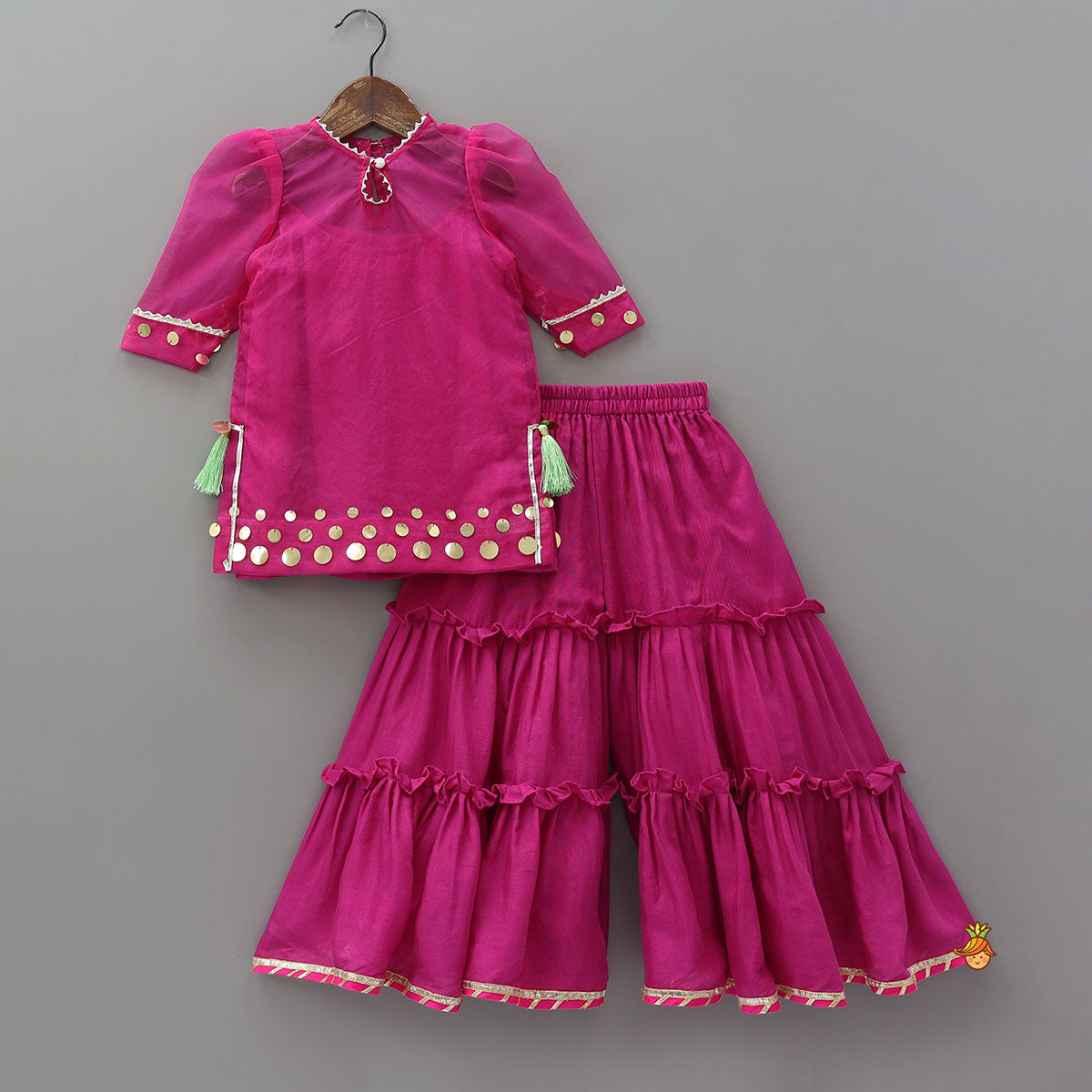 Pre Order: Elegant Strappy Top With Kurti And Ruffled Sharara With Dupatta