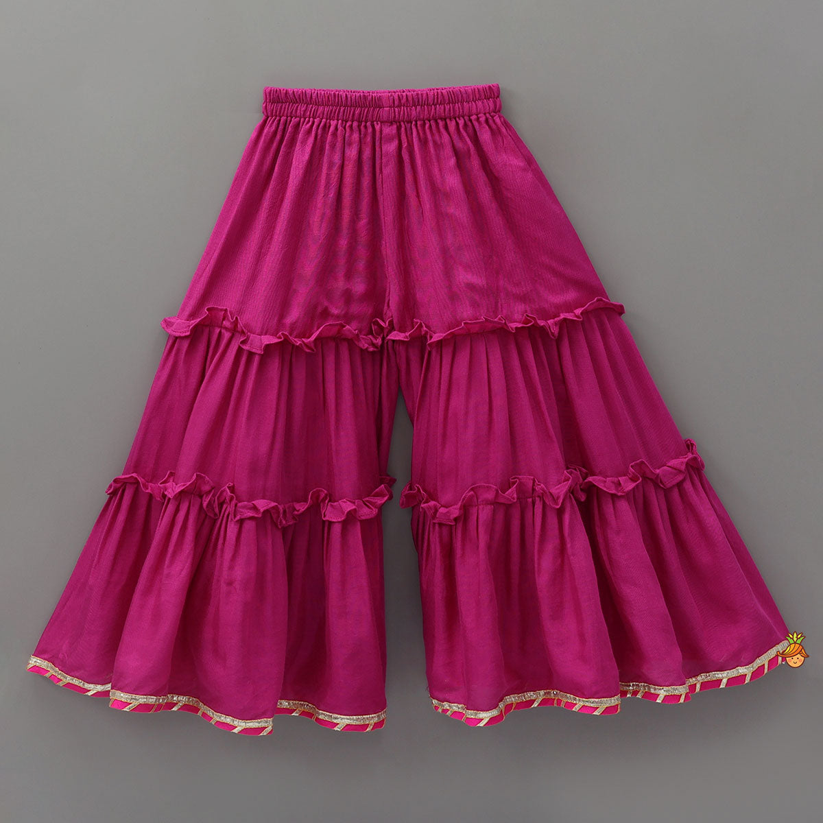 Pre Order: Elegant Strappy Top With Kurti And Ruffled Sharara With Dupatta