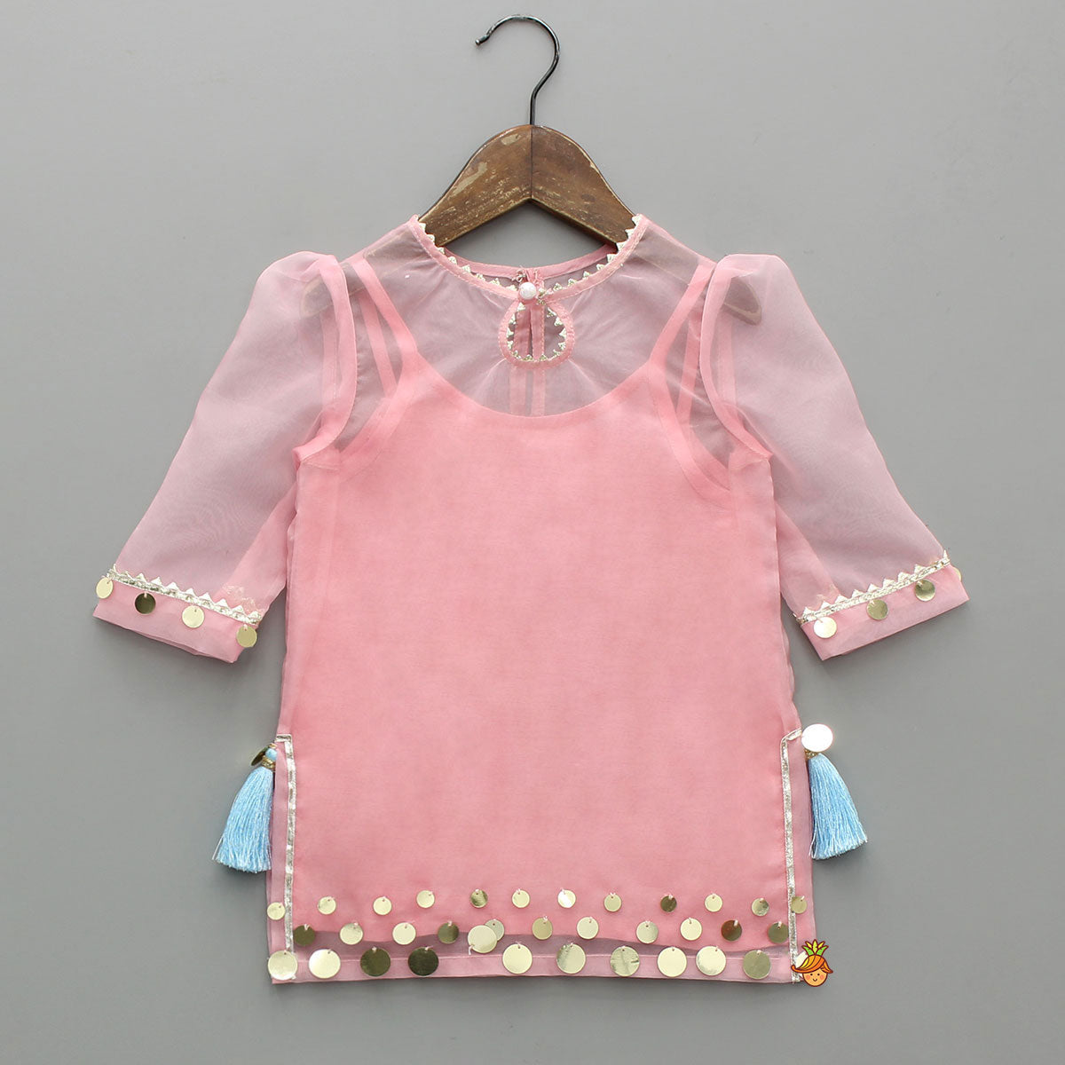 Pre Order: Elegant Strappy Top With Embellished Kurti And Ruffled Sharara With Dupatta