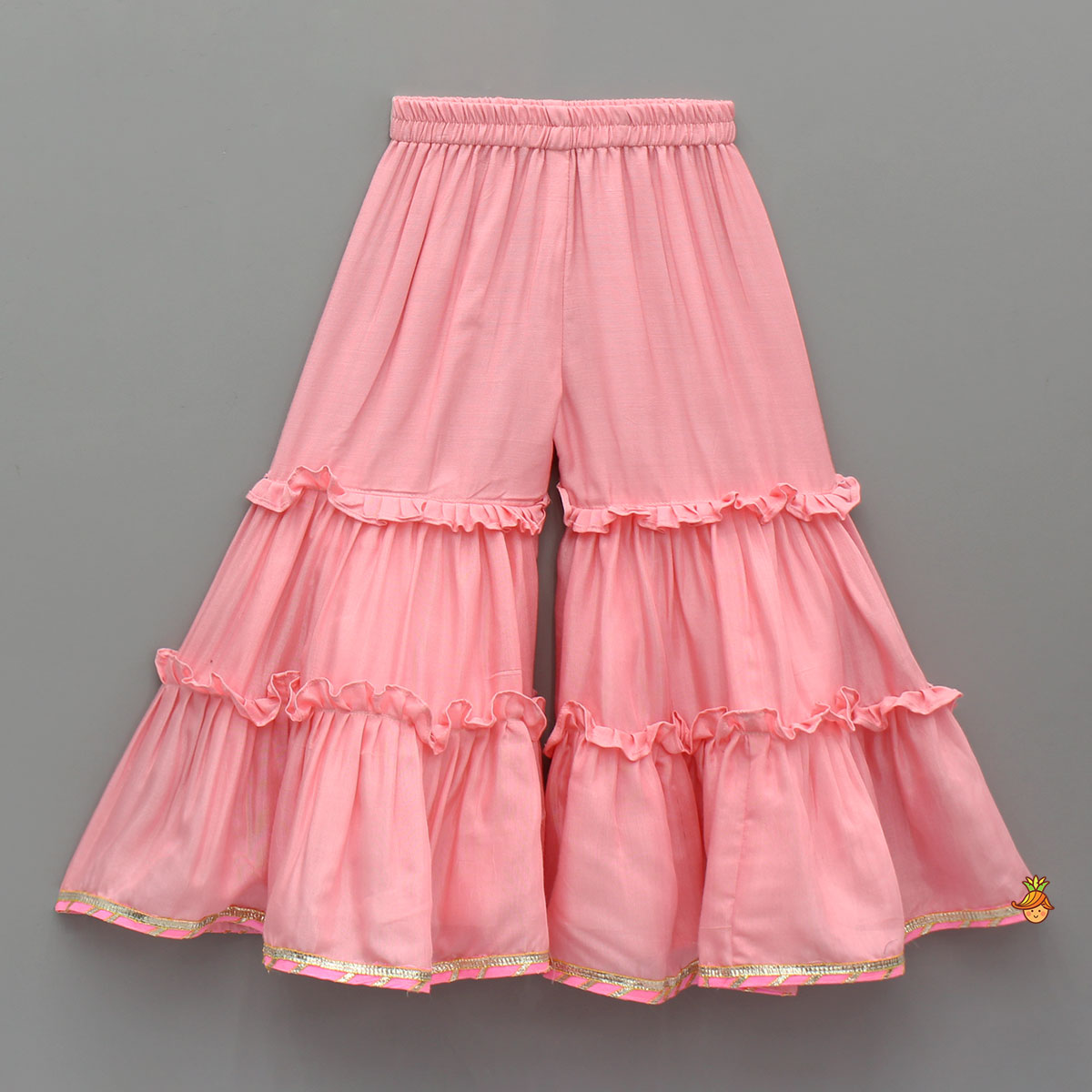 Pre Order: Elegant Strappy Top With Embellished Kurti And Ruffled Sharara With Dupatta