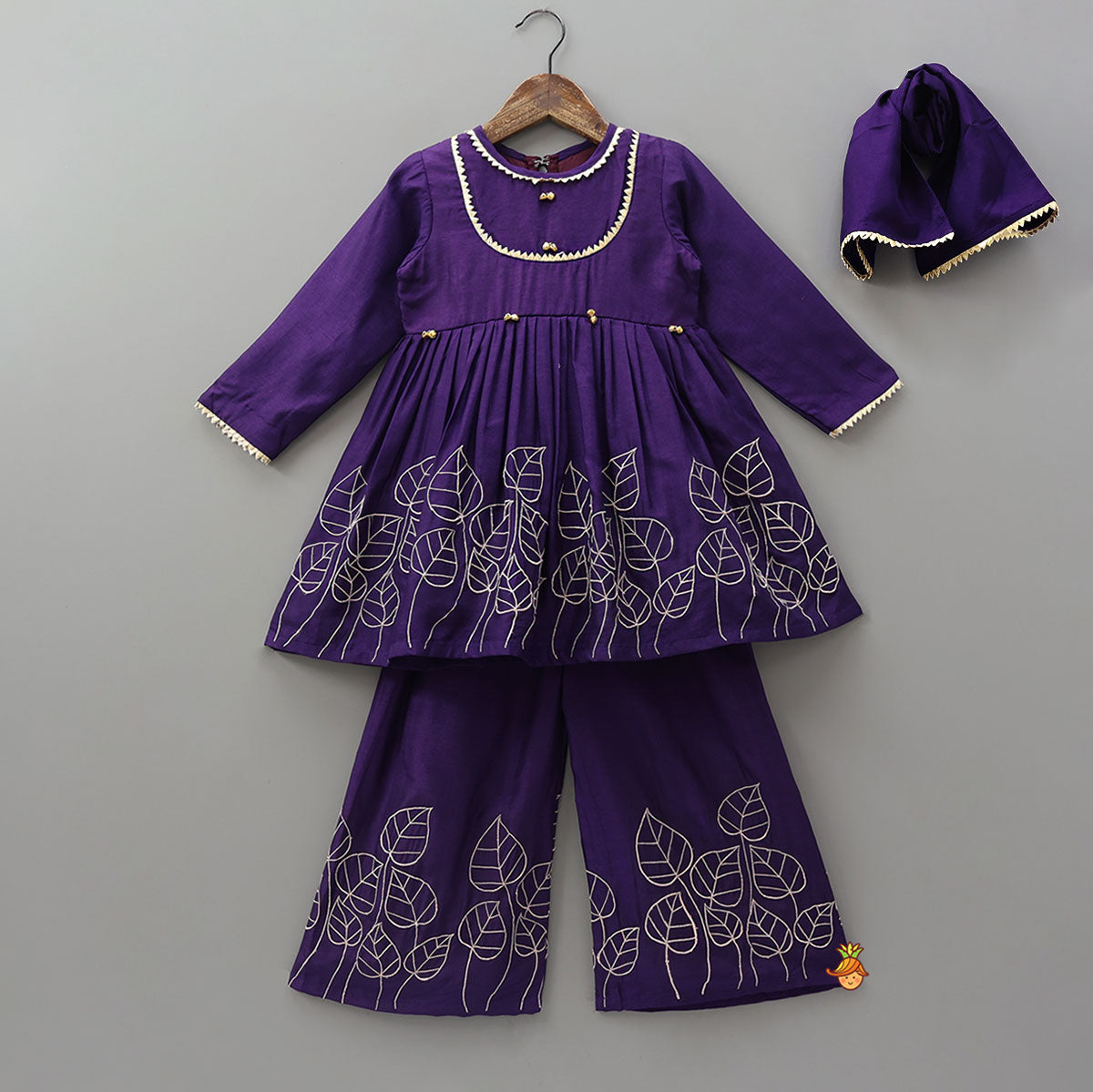 Pre Order: Leaf Embroidered Kurti With Matching Embroidered Palazzo And Dupatta
