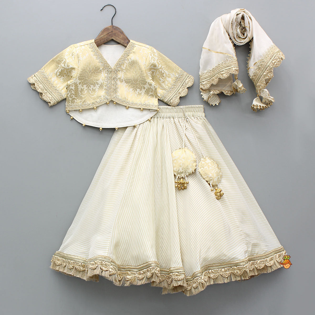 Pre Order: Brocade High-Low Top And Lehenga With Gota Lace Work Dupatta