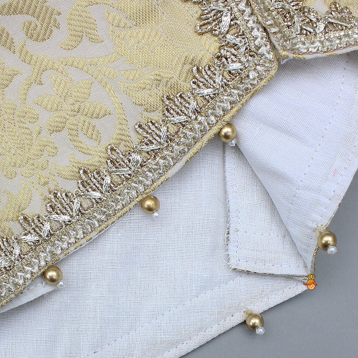 Pre Order: Brocade High-Low Top And Lehenga With Gota Lace Work Dupatta