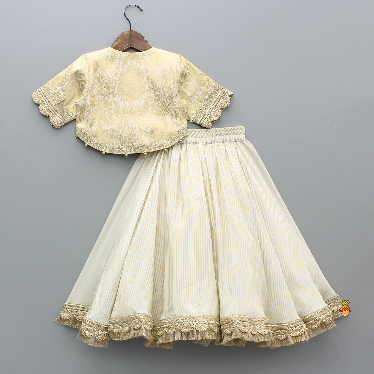 Pre Order: Brocade High-Low Top And Lehenga With Gota Lace Work Dupatta