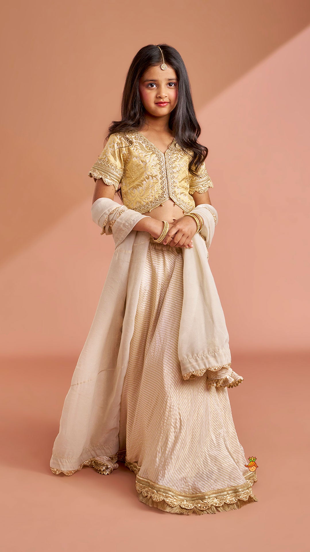 Pre Order: Brocade High-Low Top And Lehenga With Gota Lace Work Dupatta